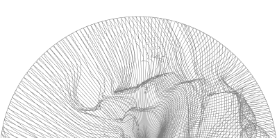 An abstract half-dome wireframe formed by fine particles.